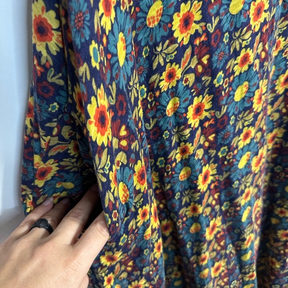 Natural Life Bohemian Fall Hangout Cotton Midi Dress in Olive Navy Floral Small - Picture 5 of 8